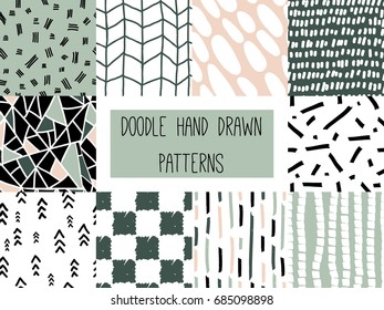 Set of simple minimalistic seamless patterns. Hand drawn doodle texture designs for backgrounds, vector illustration, fabric, wrapping paper