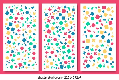 A set of simple minimalistic shapes seamless patterns. Memphis design, Collection trendy vector geometric