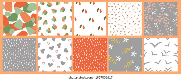 A set of simple minimalistic summer seamless patterns. Airy light ornaments with flowers, drops, hearts, shapes for prints, wallpapers, textiles. Vector graphics.