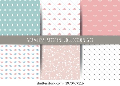 A set of simple minimalistic vintage seamless patterns. gentle light ornaments with branch, drops, shapes for prints, wallpapers, textiles. Vector graphics.