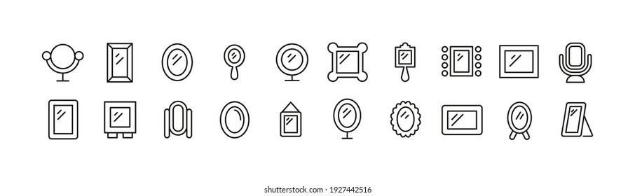 Conjunto de iconos simples de línea de espejo. Objeto de trazo de contorno. Envase de signos lineales. Perfecto para aplicaciones web y móviles.