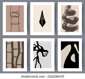 Set of simple modern abstract printable decorations and posters. Collection of hand drawn Nordic neutral style art wall banners for interior design. Vector illustration. 