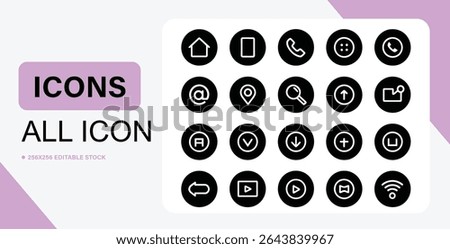 A set of simple, modern black and white icons, perfect for web and mobile app design, presented on a clean background.
