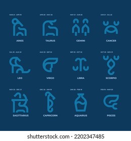 Set of simple modern blue line design icons of 12 zodiac signs perfect for card, magazine, web, calender essential design element