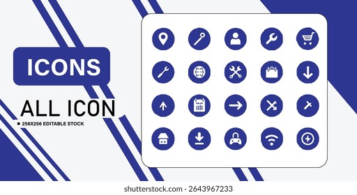 Um conjunto de ícones vetoriais simples, modernos, azuis e brancos, adequados para uso em web design ou aplicações móveis.
