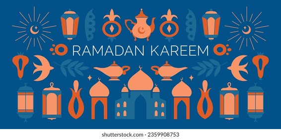 Juego de simples pinturas con elementos islámicos tradicionales, mezquita, luna, flor, hoja, pájaro, lámpara de aceite, tetera, arabia, linterna turca. Ramadan Kareem. Eid al-Fitr. Eid Mubarak. Iconos planos. 