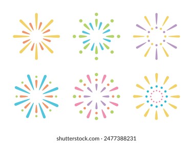 Set of simple, modern, geometric and abstract design illustrations of fireworks and firecrackers concept in circular radial shapes.