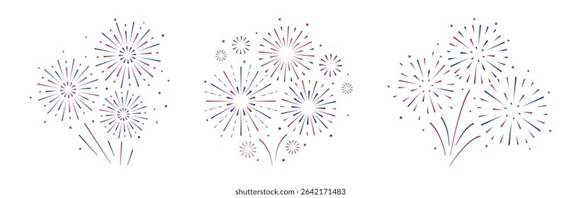 Set of simple, modern, geometric and abstract design illustrations of Fireworks and firecrackers. USA independence day element set. Explosion in flat style
