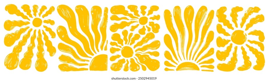 Set of simple modern hand drawn yellow art with abstract sun on a white background. Boho style design ideal for wall art, banner, poster, card, room decoration. Minimalist style sun art. Vector poster