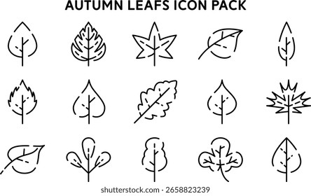 A set of simple and modern line art icons representing various autumn leaf shapes. Ideal for use in graphic design, seasonal materials, and digital interfaces.