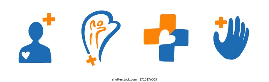 Set Of Simple Modern Medical Logo For Hospital, Charity, Non Profit, Help Care Center. Doctor, Cross, Heart, Hand Element. Stock Vector Logotype Design Template. Hand Drawn Style Icon Illustration