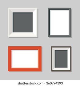 Set of simple modern picture frames on wall. Flat vector illustration.