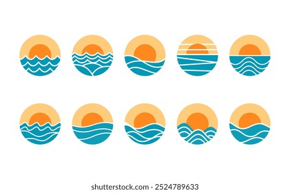 Set Simple Modern sunset and sea wave logo icon template.