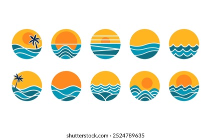Plantilla moderna simple del icono del logotipo de la puesta del sol y de la onda del mar.