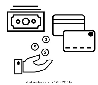 Set of Simple Money Related Vector Line Icons. Contains Icons like banknote, ATM, credit card, Bundle of Money, Hand with coin and many more. Perfect Pixels.