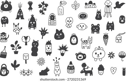 Um conjunto de desenhos simples e monocromáticos com vários personagens, objetos e criaturas em estilo cartoon