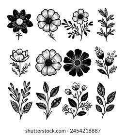 Set Of Simple Monochromatic Hand Drawn Style Of Flower Elements