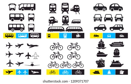 Set of Simple monochromatic vehicle and transport related icons. Bus, train, avto, airplane, bicycle, ship, ferry. For your design or application. Vector illustration. Isolated on white background.