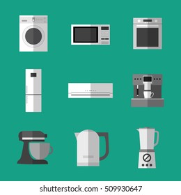 Set of simple monochrome appliances flat icons on green background vector illustration