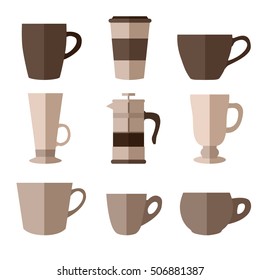 Set of simple monochrome coffee cups and french press flat icons on white background vector illustration