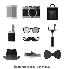 Set of simple monochrome hipster accessory flat icons on white background vector illustration