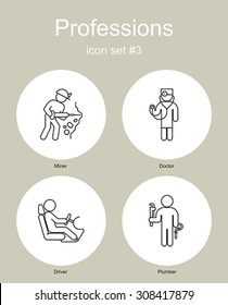 Conjunto de íconos simples monocromáticos de diversas profesiones. Ilustración vectorial editable.