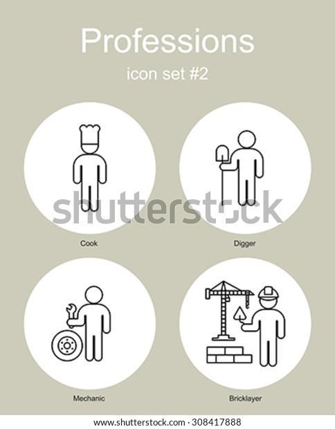 Set of simple monochrome icons of various\
professions. Editable vector\
illustration.