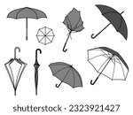 A set of simple monochrome illustrations of umbrellas from various viewpoints