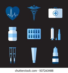 Set of simple monochrome medicine flat icons on grey background vector illustration