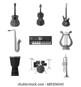 Set of simple monochrome musical instruments flat icons on white background vector illustration