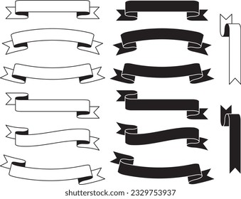 A set of simple monochrome title ribbons (black and white).
There are two types of ribbon, one with only one side pleats and the other with both side pleats. svg