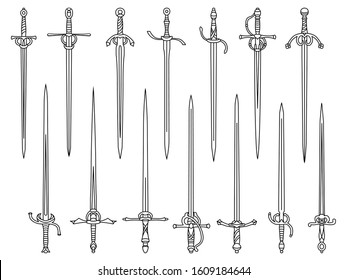 Set of simple monochrome vector images of rapiers and epees drawn by lines.
