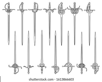 Set of simple monochrome vector images of epees and rapiers drawn by lines.