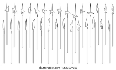 Set of simple monochrome vector images of medieval poleaxes and halberds drawn by lines.