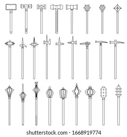Set of simple monochrome vector images of medieval war hammers and maces drawn by lines.