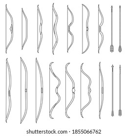 Set of simple monochrome vector images of medieval bows and arrows drawn by lines.