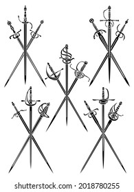 Set of simple monochrome vector images of three crossed rapiers and epees.