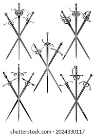 Set of simple monochrome vector images of three crossed epees and rapiers.