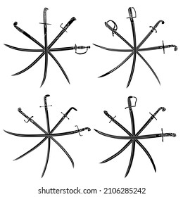 Conjunto de simples imágenes vectoriales monocromáticas de sabers cruzados y melaza en forma de círculo.
