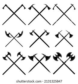 Set von einfachen monochromen Vektorbildern von überkreuzten Mittelalterachsen und Poleäxen.