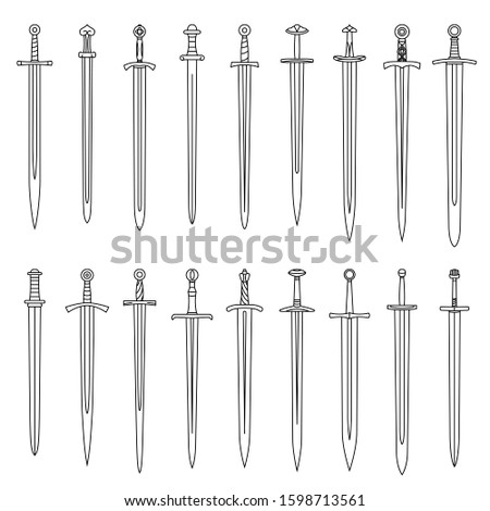 Set of simple monochrome vector images of medieval long swords drawn by lines.