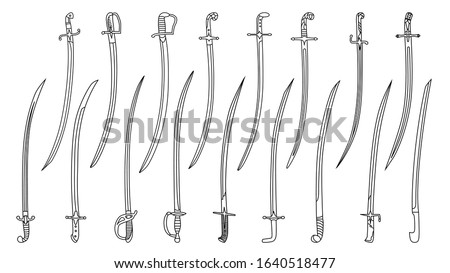 Set of simple monochrome vector images of saber swords drawn by lines.