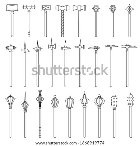 Set of simple monochrome vector images of medieval war hammers and maces drawn by lines.