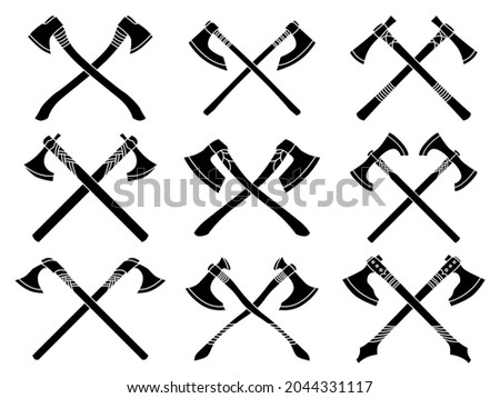 Set of simple monochrome vector images of crossed medieval axes and hatchets.