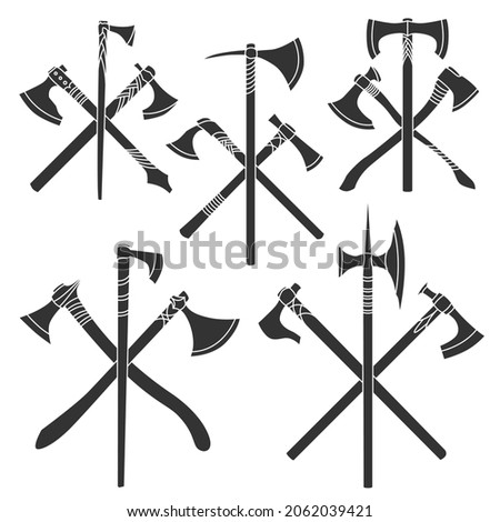 Set of simple monochrome vector images of triplet of crossed medieval axes and hatchets.