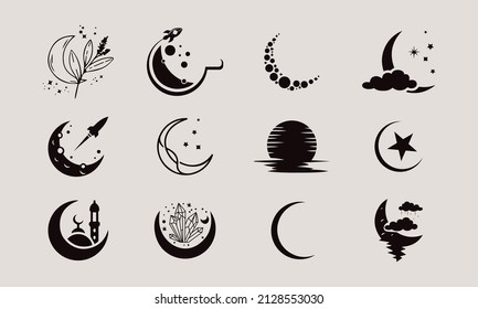 Set of simple moon line icons. Logo for dream, natural moon, mubarak, eid, childhood, moonlight, beach moon. Perfect for web apps and mobile.