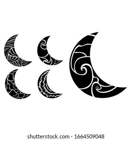 Set of Simple Moon Vector Design in Black with Pattern Theme