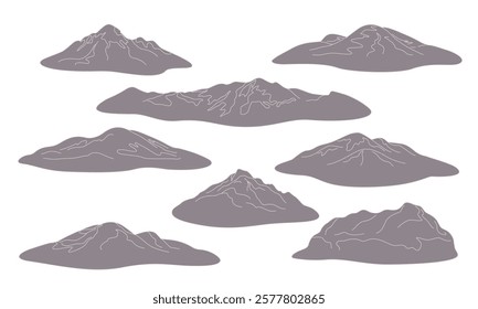 Set of simple mountains and hills. Grey contour drawing rocks isolated on white background. Vector illustration with landscape element.