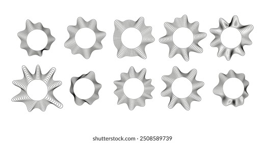 Conjunto de equalizadores de música simples e ondas sonoras. Vetor abstrato formas circulares pretas, silhuetas de linha ondulada