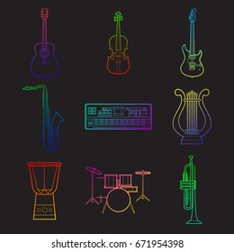 Set of simple musical instruments color line art icons on black background vector illustration